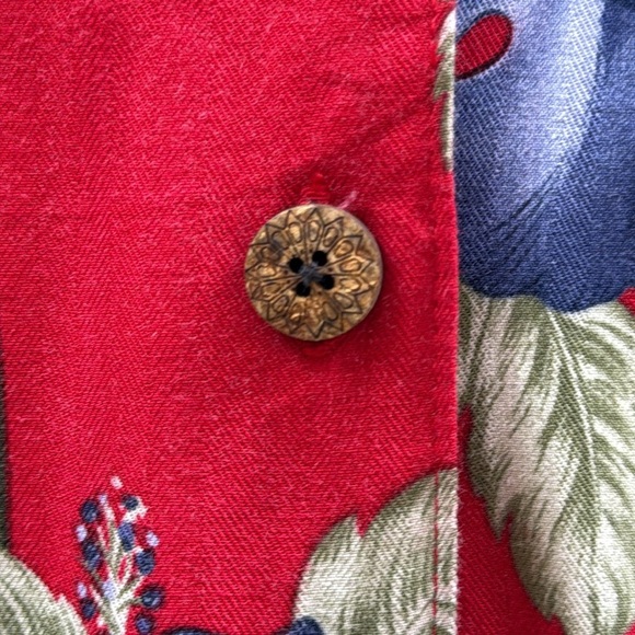 Caribbean Joe Red Aloha Hawaiian Shirt Purple Hibiscus & Green Palm Trees - Picture 7 of 9